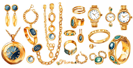Set of gold watches and other accessories - obrazy, fototapety, plakaty