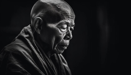 Old men meditating on spirituality, praying to statue of god generated by AI