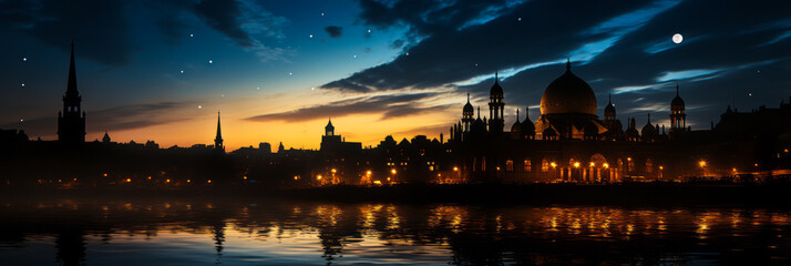 Obraz premium Majestic silhouette of a Nigerian mosque under moonlight, showcasing tranquil serenity and awe-inspiring Islamic architecture against a night sky.