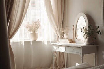 Empty cream dressing table with vase, mirror, curtain in white bedroom with sunlight and leaf shadow for beauty, cosmetic display background. Generative AI
