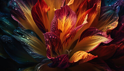 Vibrant multi colored flower head, wet with dew, close up beauty generated by AI
