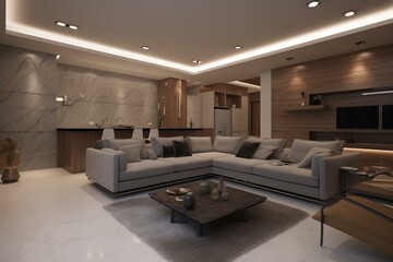 Modern living area design with a balanced 3D model. Generative AI