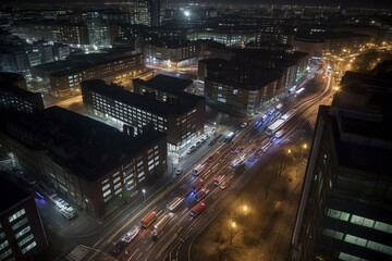 view of London's nighttime traffic from a high vantage point. Generative AI
