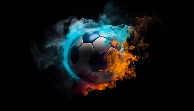 Abstract soccer ball igniting in fiery competition on black background generated by AI