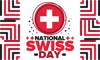 Swiss National Day. Happy holiday, celebrated annual in August 1. Switzerland flag. Flag with Cross. Swiss independence and freedom. Patriotic poster. Festive and parade design. Vector illustration