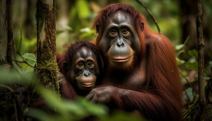 Primate portrait Cute young orangutan looking at camera in forest generated by AI