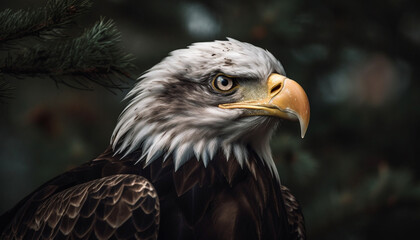 Majestic bird of prey perching on branch, looking at camera generated by AI