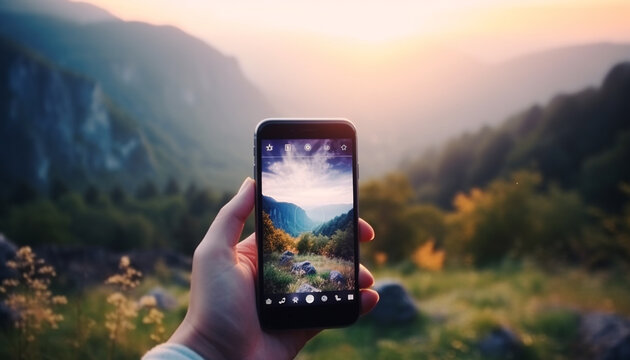 Hand holding smart phone captures mountain peak at sunrise generated by AI