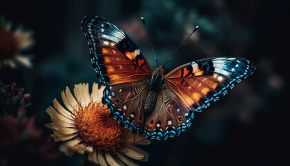 Fototapeta na wymiar Vibrant butterfly wing showcases natural beauty in multi colored pattern generated by AI