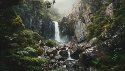 Naklejka na ściany i meble Tranquil scene of majestic mountain peak in tropical rainforest generated by AI