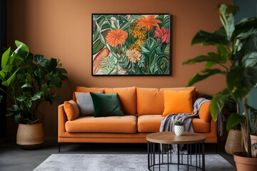 Interior of modern living room with cozy orange sofa, painting and large houseplants