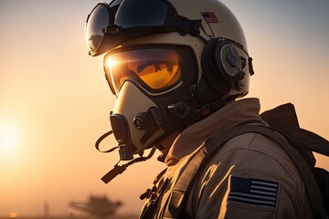 Close-up portrait of a man pilot wearing helmet, mask and sunglasses fighter jet. Military aircraft. ai generative