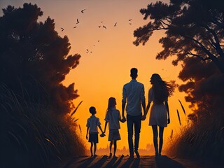 Happy family on nature in summer at sunset. ai generative