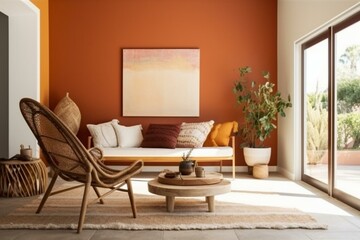 A room with warm earth tones and a terra cotta frame, exhibiting a neutral color palette with pops of orange. Generative AI