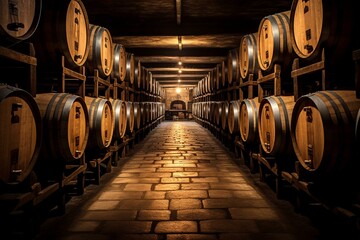 Inside wine cellar with oak barrels full of cognac spirit. Generative AI