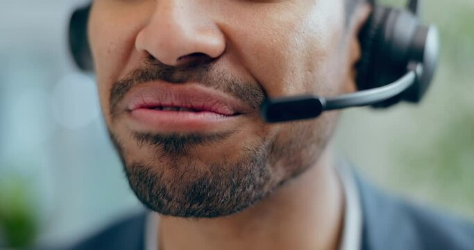Mouth, man and telemarketing agent for customer service, advisory help and CRM questions in call center. Closeup, face and happy salesman with microphone for solution, telecom support and FAQ contact