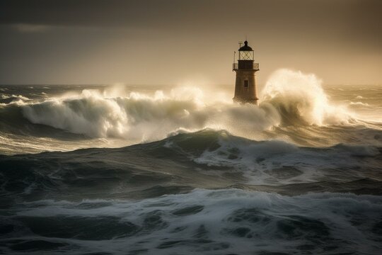 Symbols representing hope amidst turbulent waters against lighthouses. Generative AI
