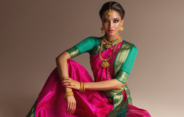 Portrait of beautiful  south indian woman . Young India model  girl with Traditional Indian costume  saree and  golden jawelery 