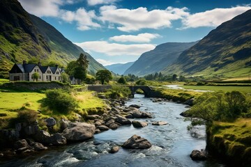 Fototapeta na wymiar Scenic view of Ireland with riverfront house, stone bridge, majestic mountains, and a charming valley. Generative AI