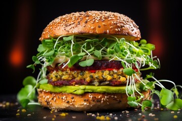 Vegan broccoli quinoa burger with lettuce, microgreens. Delicious, close-up. Generative AI