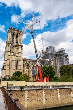 Notre-Dame Cathedral, under reconstruction, with cranes in the background after the fire in 2019, Paris France
