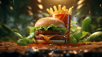 detailed closeup of fast food burger and drinks, generative ai - Powered by Adobe