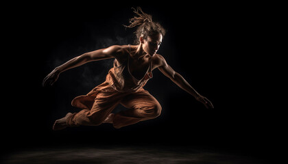 Obraz premium Young adults performing ballet in a dark studio mid air generated by AI