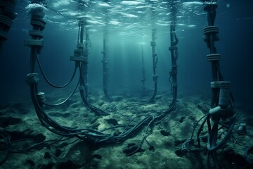 High-voltage cables buried in sea floor for power and data transmission. Generative AI - obrazy, fototapety, plakaty