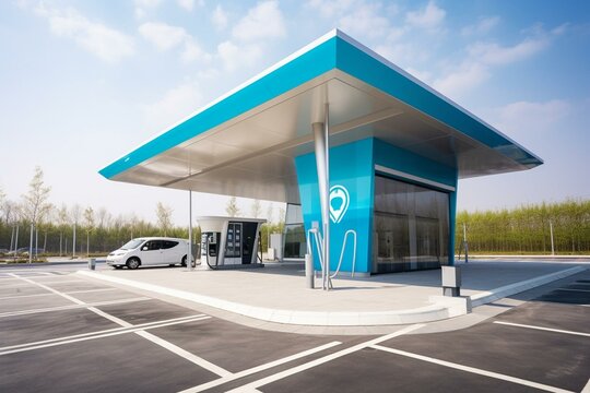 A modern hydrogen station, harmonizing with the environment, providing eco-friendly fuel for a sustainable future. Generative AI