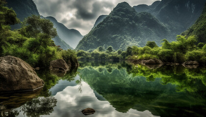 Tranquil scene of mountain range reflected in pond, surrounded by forest generated by AI