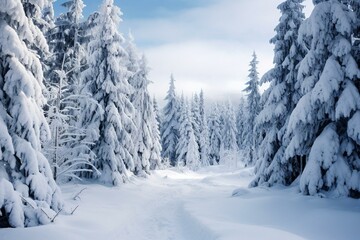 Winter landscape with tall evergreen trees covered in snow. Generative AI
