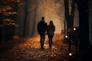 a couple walking on a forest road in an autumn morning