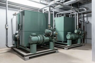 Industrial water condenser pump and HVAC system in chiller plant room. Generative AI