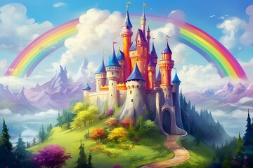 Colorful castle on hill, perfect for fairy tales, children's illustrations. Generative AI