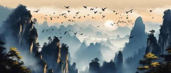 Foto op Plexiglas A flock of birds flying over a mountain range and trees of a fantasy landscape with misty valley, sunrise, digital painting © Mikalai
