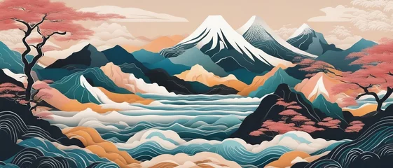 Fototapete Berge Sea with waves and mountain landscape with pink clouds, linart and digital art