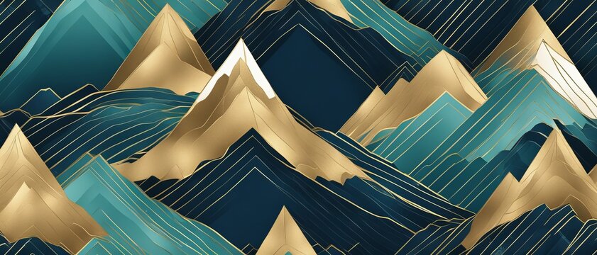 Line drawing of green mountain peaks with gold embossing
