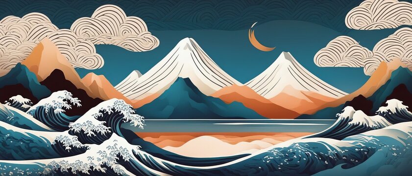 Sea with waves and mountain landscape with clouds and moon, linart and digital art