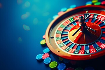 A spinning roulette wheel with betting chips on a blue background. Generative AI