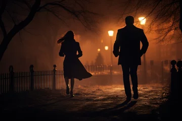 Foto op Canvas Man stalks a woman at night in a city park, sexual assault © Teppi