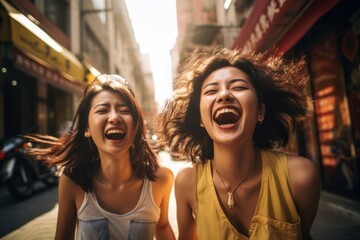a group of asiatic young girls laughing and having fun on a city streets