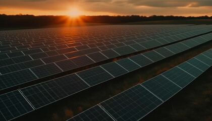 Sunset over modern solar power station generates sustainable electricity outdoors generated by AI