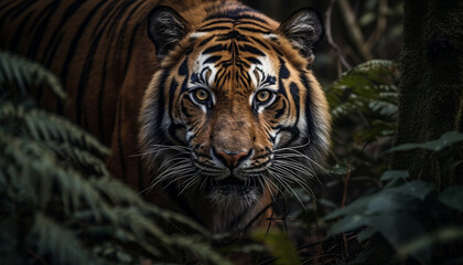 Bengal tiger staring fiercely in the lush tropical rainforest generated by AI