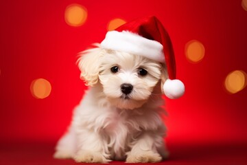little furry dog puppy dressed with a christmas hat in plain red background