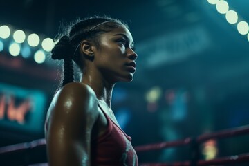 young black woman ready for fight in a boxing ring - obrazy, fototapety, plakaty