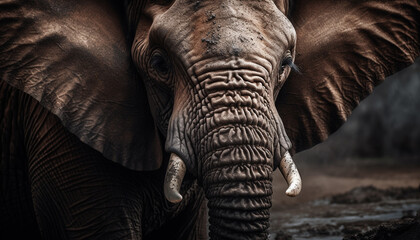 Large African elephant with wrinkled trunk and tusk in nature generated by AI