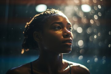 close up shot of a younf fit black woman in the swimming pool