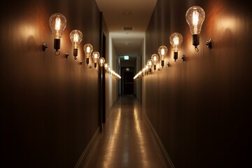 Row of bulbs on wall, long hallways to other rooms. Generative AI