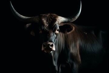 A bull with horns in a dark room, standing against a black background with a white border. Generative AI