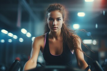 Fototapeta na wymiar caucasian woman working out in the gym looking directly to the camera